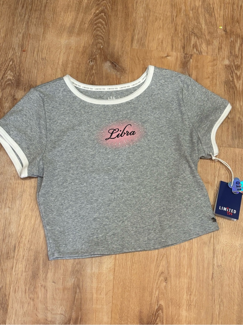 Limited Too Grey Crop Tee with Pink 'Libra' Graphic